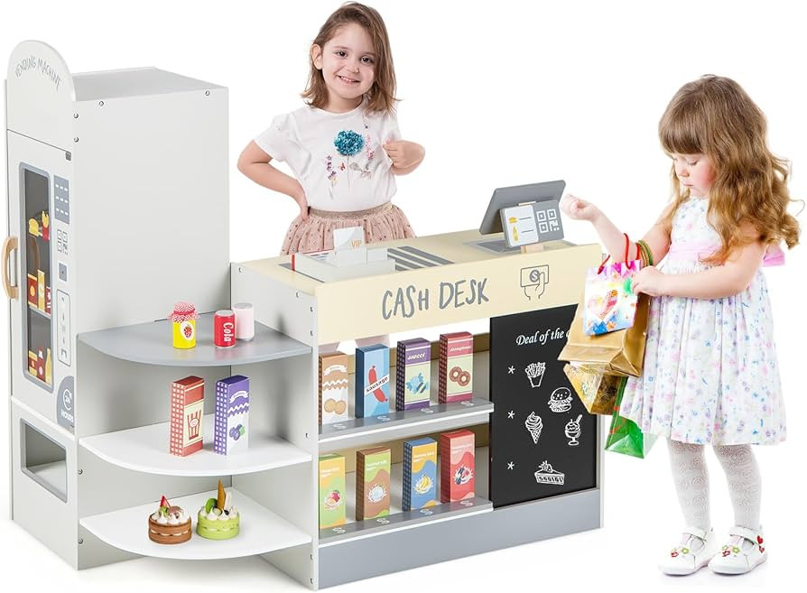 Costzon Pretend Grocery Store Playset, Wooden Supermarket Toy Set for Kids with Chalkboard, Cash ... | Amazon (US)