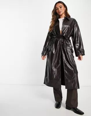 ASOS DESIGN crinkle faux leather trench coat in oxblood | ASOS (Global)