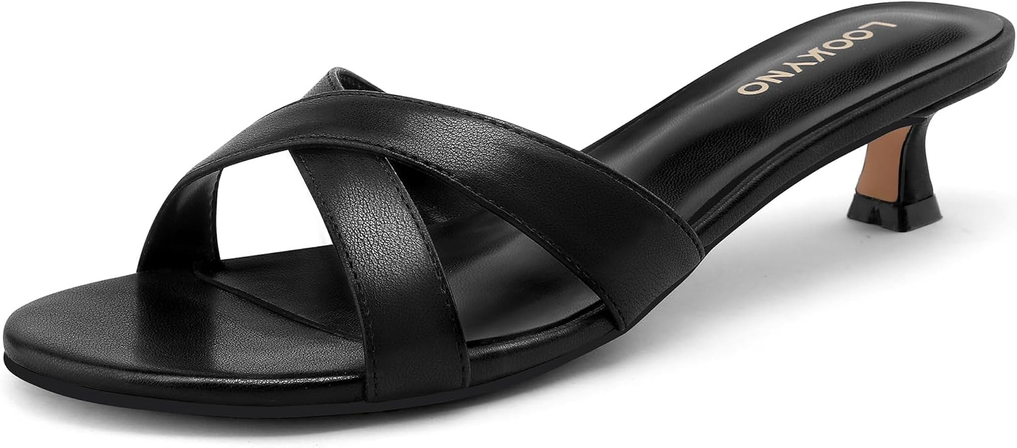 Lookyno Womens Kitten Heels Low Heeled Sandals for Women Round Slip On Slides Cross Strap Open To... | Amazon (CA)