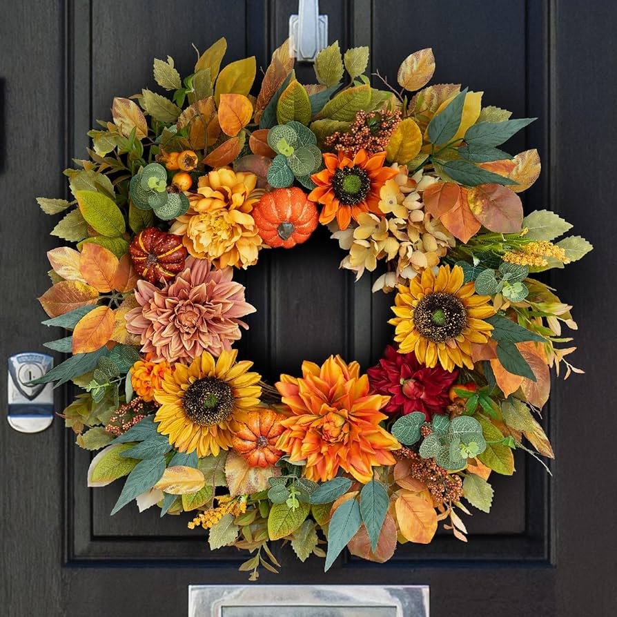 Fall Wreaths for Front Door 24 Inch Autumn Wreath with Sunflowers, Pumpkins Dahlia & Maple Leaves... | Amazon (US)
