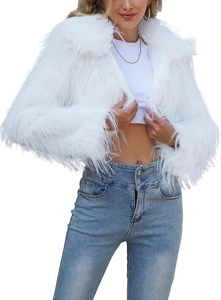 Womens Faux Fur Cropped Jacket Fluffy Open Front Long Sleeve Fashion Warm Shaggy Short Coat Outer... | Amazon (US)