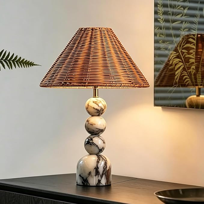 Calacatta Marble Table Lamp - Home Decor Hand Vintage Woven Rattan Shade,Side Table Stone Lamp fo... | Amazon (US)