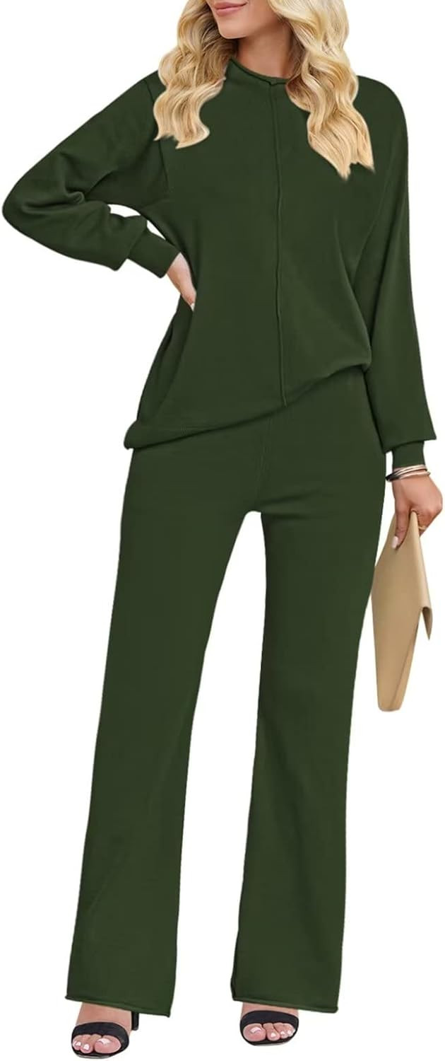 Women 2 Piece High Neck Lounge Set Casual Long Sleeve Knitted Sweater Pullover Top Wide Leg Pants... | Amazon (US)