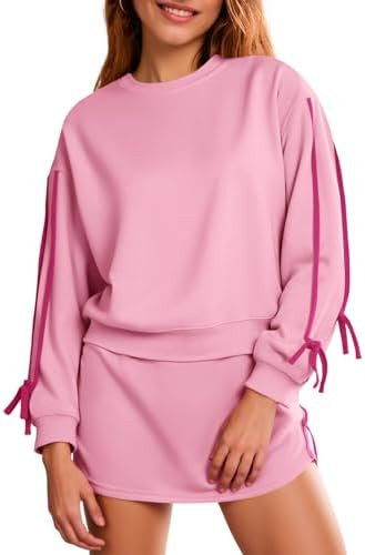 Fisoew Womens 2 Piece Outfits Casual Crewneck Tie Sweatshirt High Waisted Running Skort Skirts Wo... | Amazon (US)