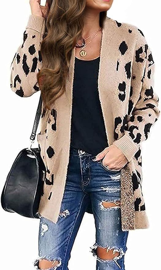 ZESICA Women's Long Sleeves Open Front Leopard Print Knitted Sweater Cardigan Coat Outwear with P... | Amazon (US)