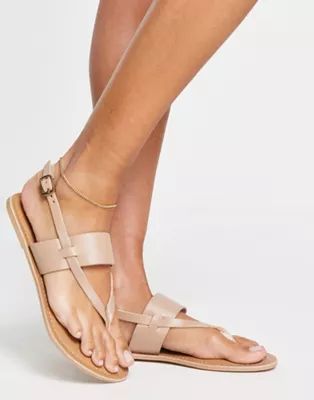 London Rebel leather toe post sling back sandals in beige | ASOS (Global)