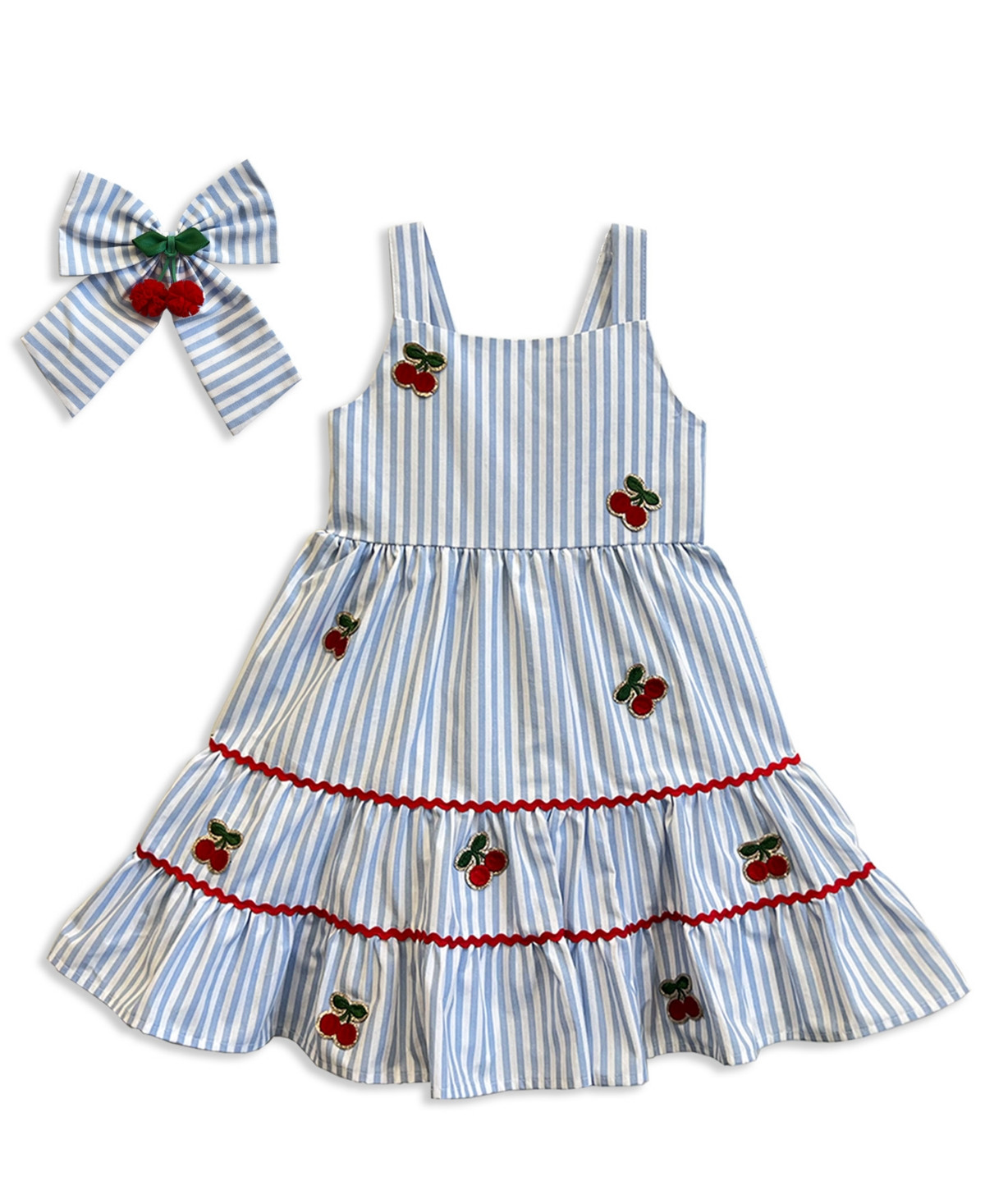Blueberi Boulevard Girls' 2T-6X Stripe Embroidery Sundress and Bow, 2-Piece Set - Blue | Macy's
