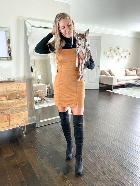 Faux suede dress with turtleneck underneath!

Fall outfit, dog bandana, over the knee boots

#LTKstyletip #LTKSeasonal #LTKunder50