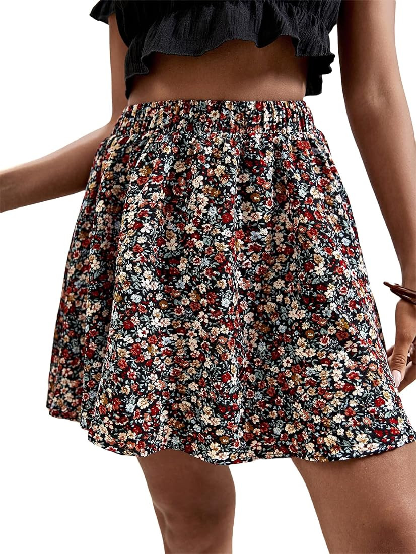 SweatyRocks Women's High Waist Mini Pleated Skater Skirt Flared A-Line Floral Short Skirt | Amazon (US)