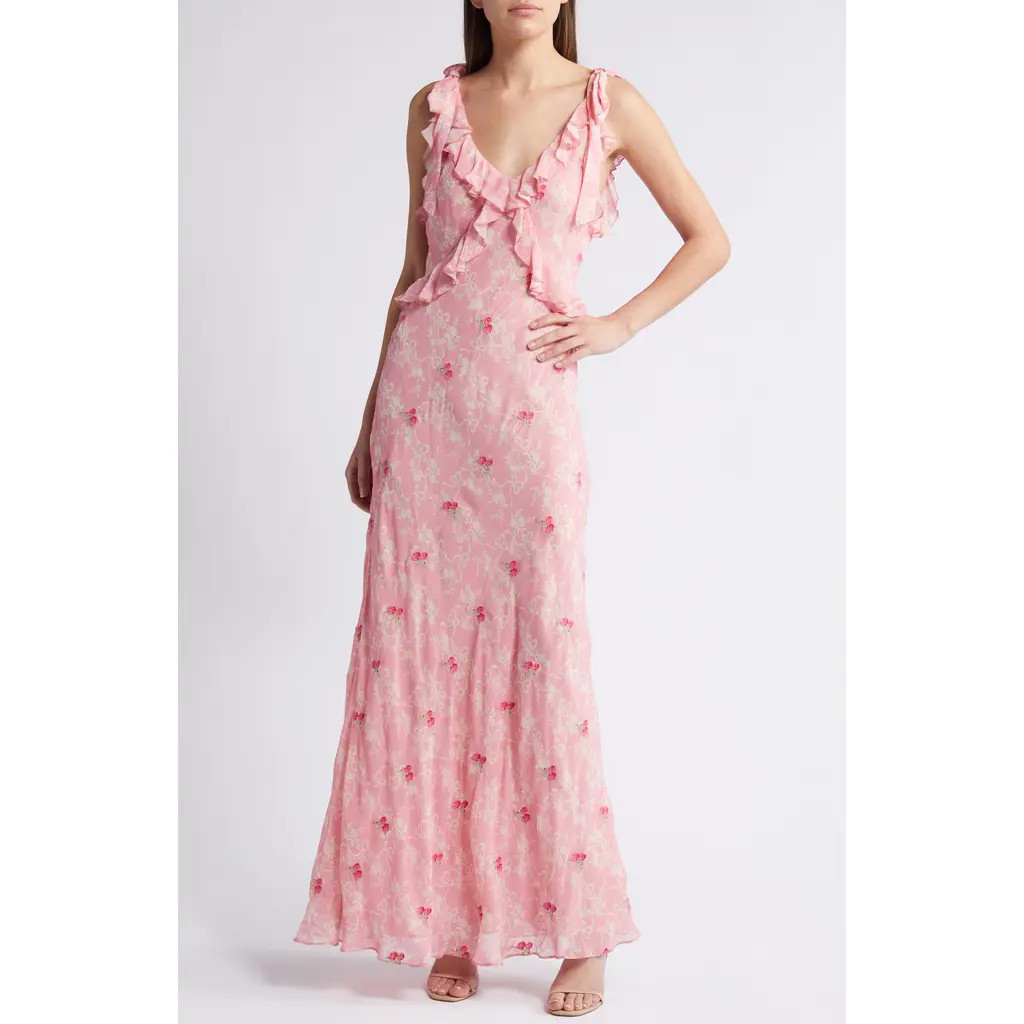 LoveShackFancy Orcene Embroidered Floral Ruffle Maxi Dress in Cherry Pink at Nordstrom, Size 0 | Nordstrom