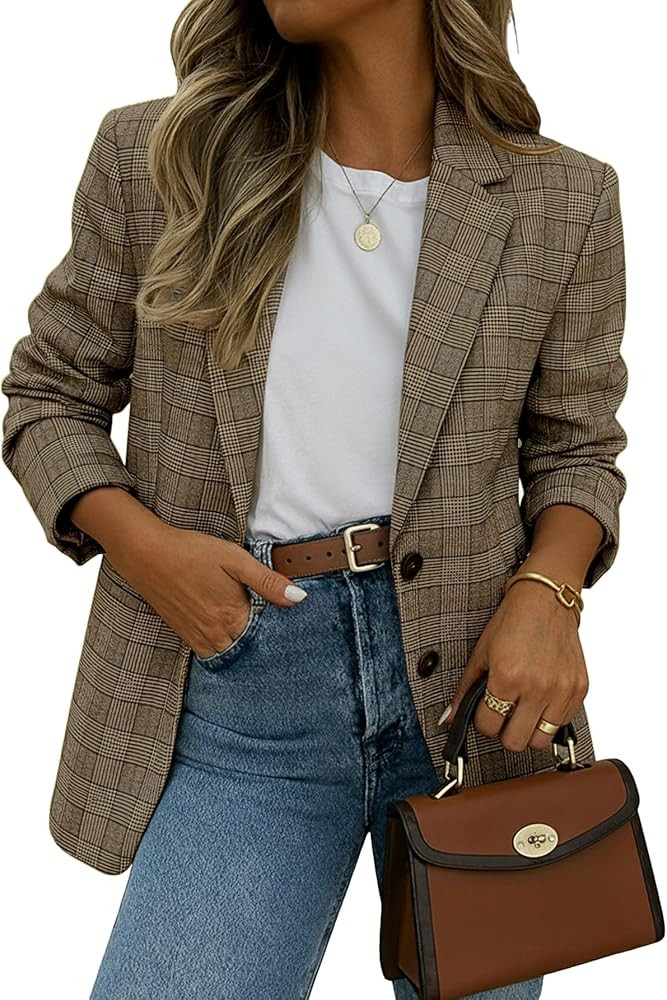Mina Self 2026 Spring Women's Plaid Houndstooth Blazer Jacket - Fully-Lined Fashion Loose Work Of... | Amazon (US)