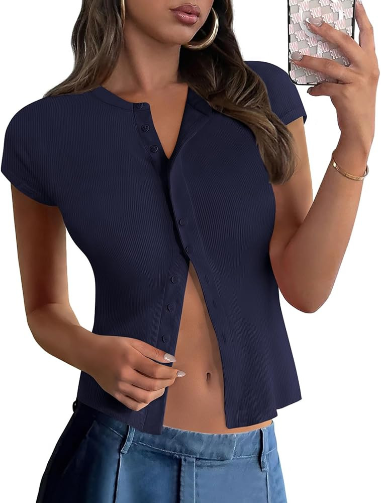PRETTYGARDEN Women's Short Sleeve Summer Tops 2025 Trendy Ribbed Knit Button Up Tight Basic Tees ... | Amazon (US)