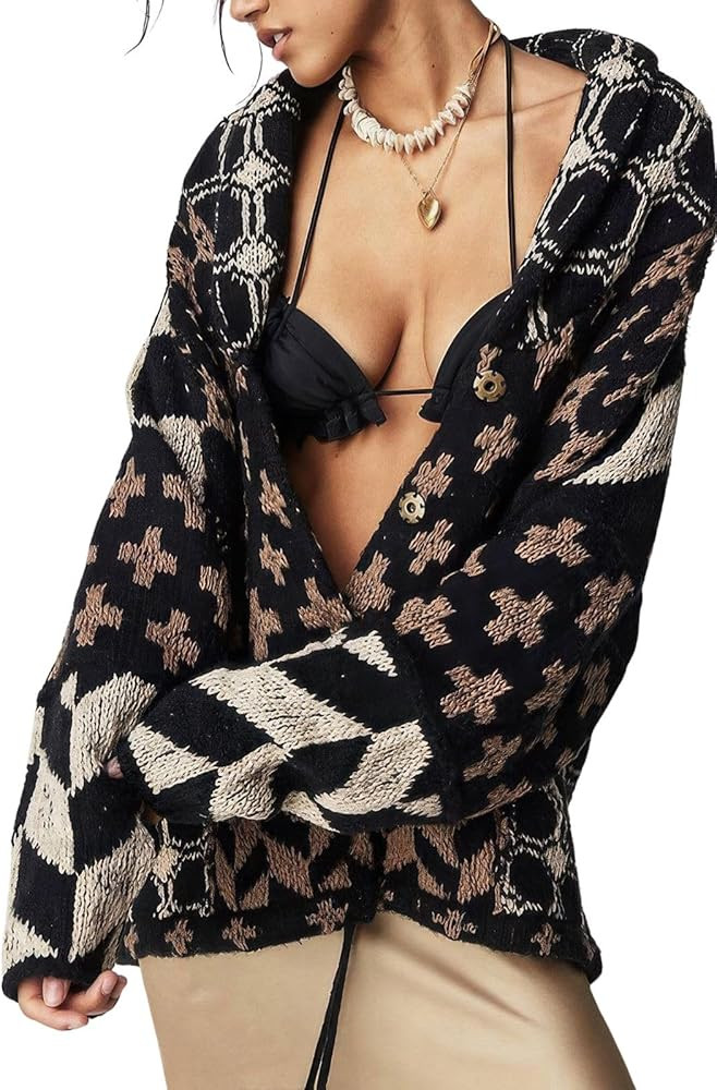 ebossy Womens Fancy Graphic Cardigan Fall Trendy Shawl Collar Button Down Oversized Y2K Print Swe... | Amazon (US)