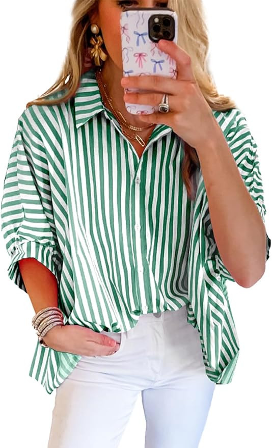 Women 2025 Summer Stripe Dolman Sleeve V Neck Oversize Shirt Tops Casual Button Up Short Sleeve S... | Amazon (US)