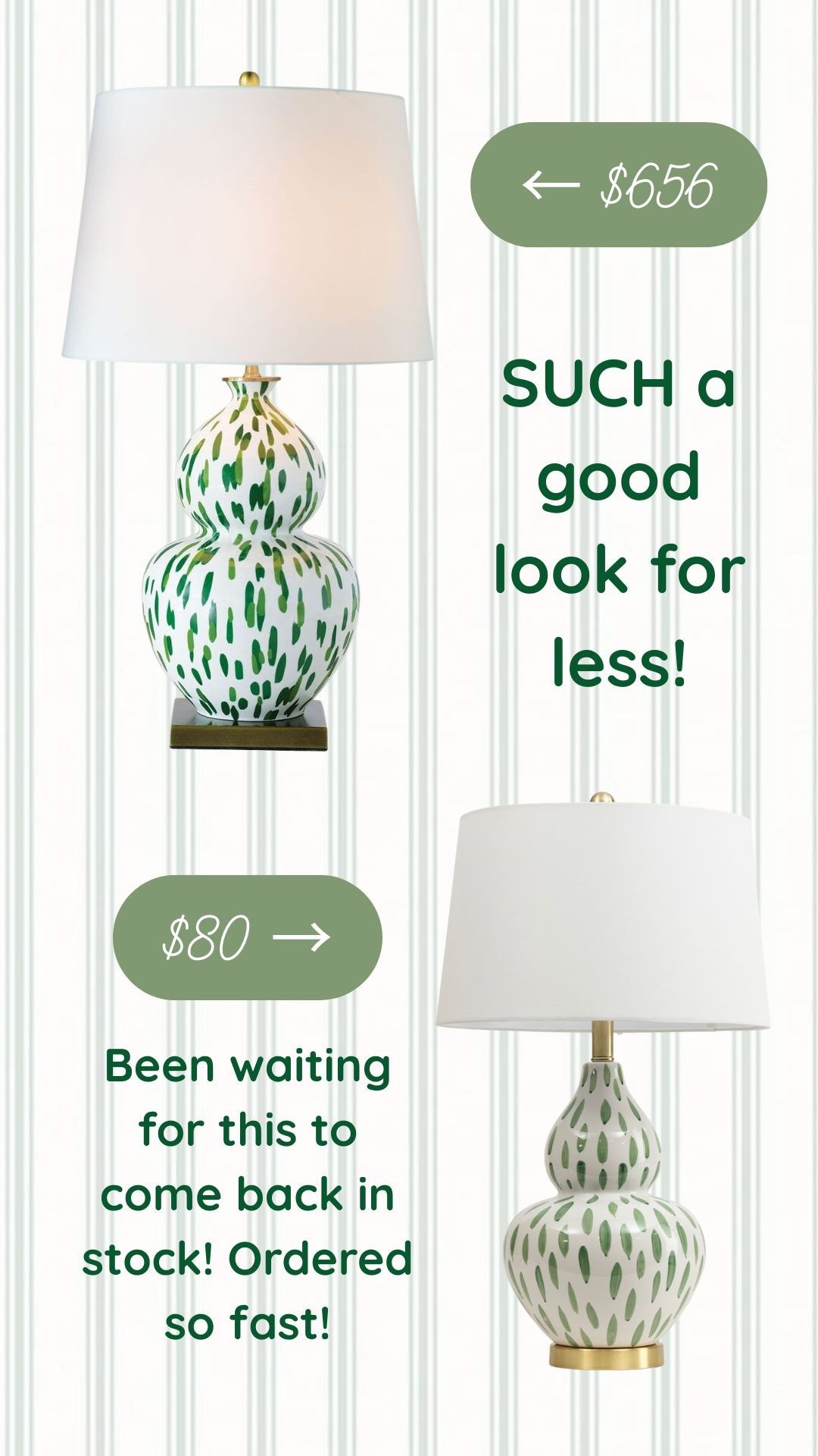 This lamp is back and I RAN 💚

Such a good look for less. The original is $656 and this one is $80… the quality and shape are so good and it gives that same grandmillennial feel without the splurge.

I’ve been waiting for this to restock and ordered immediately. If you’ve been eyeing it too, don’t wait!

#LTKHome #LTKSaleAlert