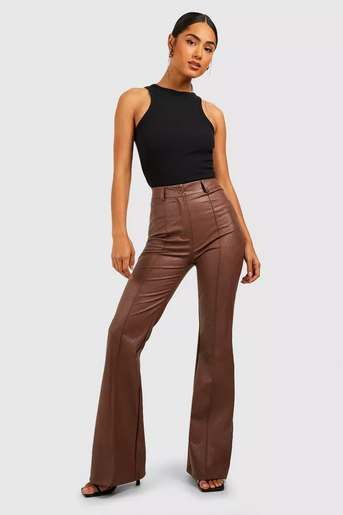 Leather Look High Waisted Seam Front Flared Trousers | Boohoo.com (UK & IE)