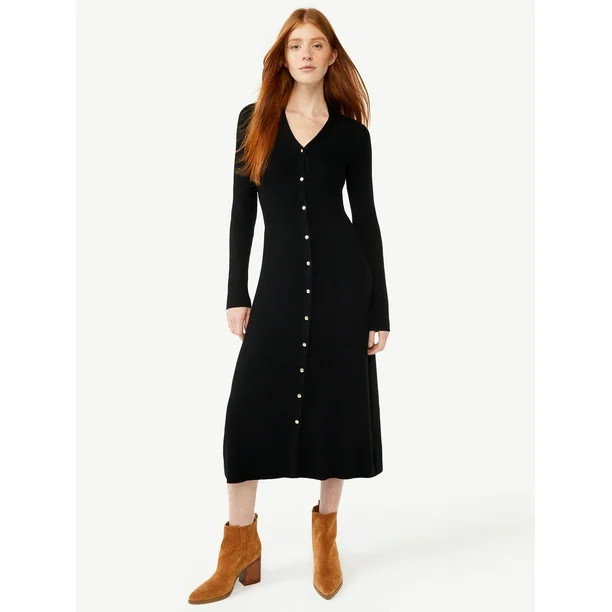 Free Assembly Women's Ribbed Sweater Midi Dress with Collar - Walmart.com | Walmart (US)