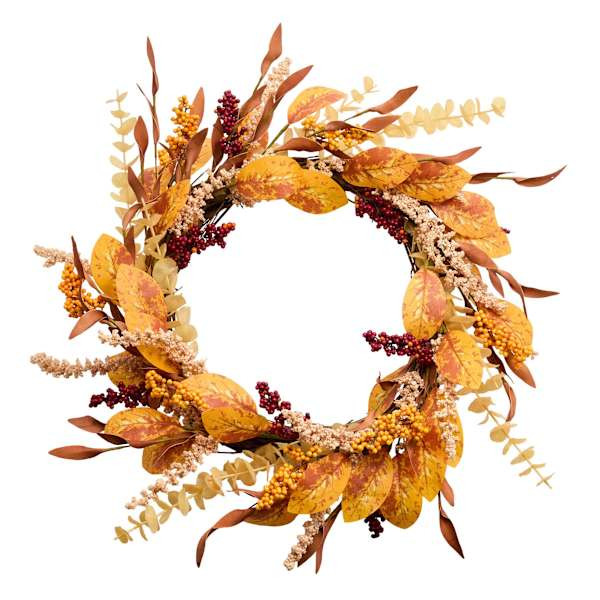 Orange Eucalyptus & Berry Wreath, 22", Plastic, sold by At Home | At Home