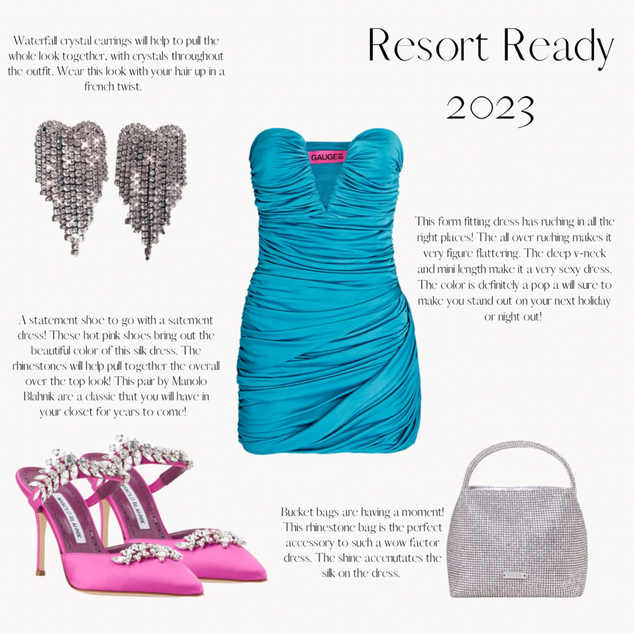 Resort Ready 2023! Wear this ruched blue silk dress on your next night out! Hot pink heels and crystal accessories makes this look over the top! 

Blue dress, silk dress, girls night out, date night, hot pink heels, Manolo Blahnik, crystal bag, waterfall earrings 

#LTKstyletip #LTKFind #LTKwedding