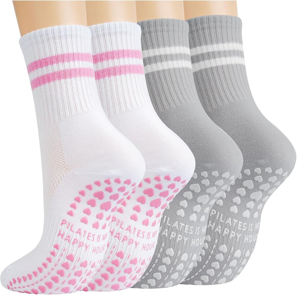 Pilates Socks with Grips for Women, Yoga Non Slip Grippy Crew Socks for Barre Slipper Hospital Gi... | Amazon (US)