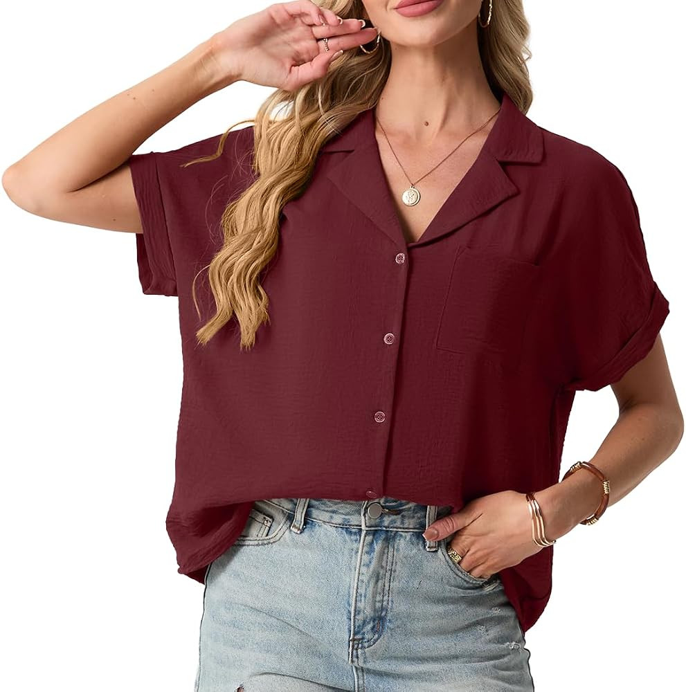 Short Sleeve Button Up Women Low V Neck Loose Summer Tops with Pockets Beach Blouse | Amazon (US)