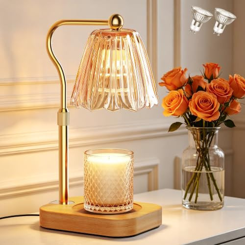 Candle Warmer Lamp with Timer Dimmer, Modern Wax Warmer for Scented Wax Jar, Striped Glass Candle Warmer, Adjustable Height Glass Lamp for Gifts for Women, Home Decor, Amber | Amazon (US)