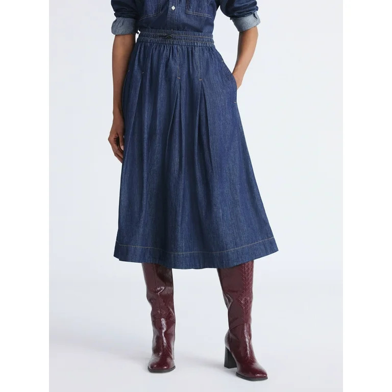 Free Assembly Women's Pull On Pleated Denim Maxi Skirt, Sizes XS-XXL | Walmart (US)