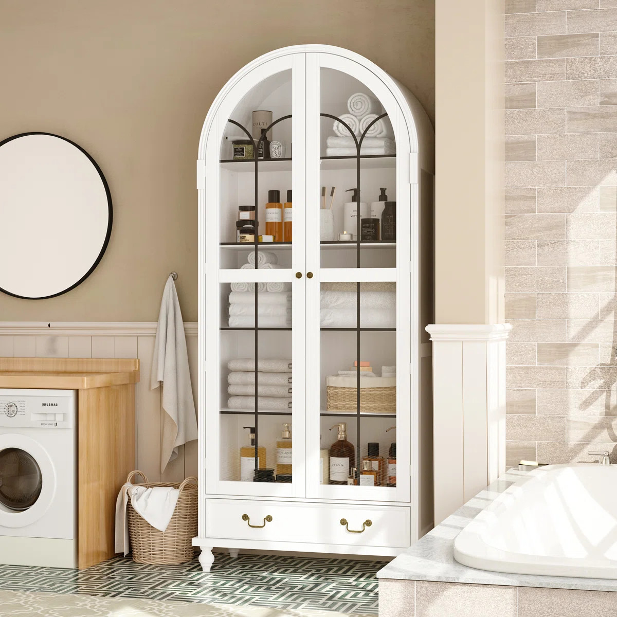 Elegant Bathroom Storage Cabinet With Glass Door And Vintage Solid Wood Legs 5-Tier Organizer | Wayfair North America