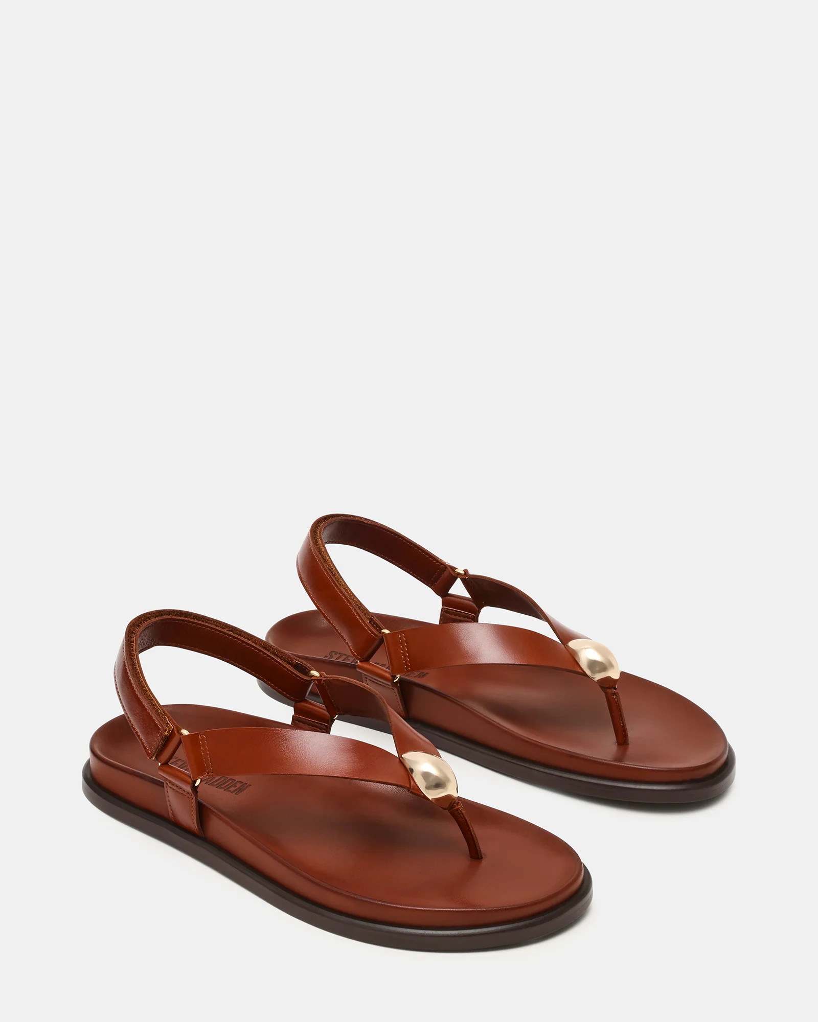ELVIA Brown Leather Thong Gold-Detail Slingback Footbed Women's Sandal | Steve Madden (US)