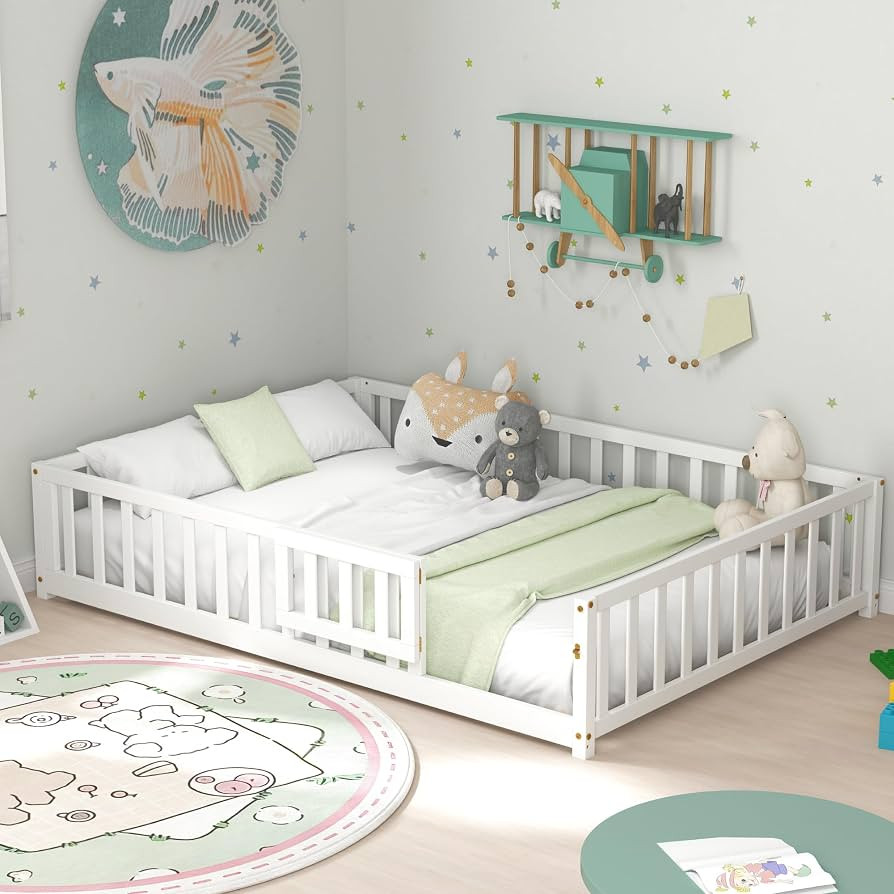 KOMFOTT Full Size Wood Floor Bed with Door & Fence, Montessori Bed Frame with Full Length Safety ... | Amazon (US)