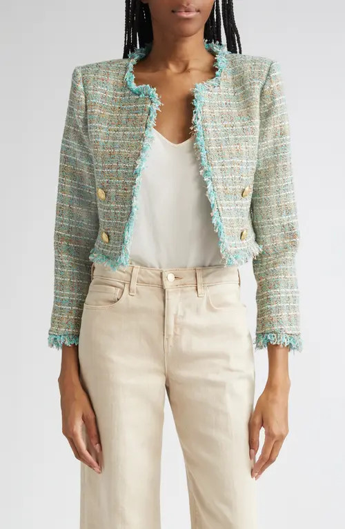 L'AGENCE Clydie Collarless Crop Blazer in Lagoon/Light Brown Tweed at Nordstrom, Size 0 | Nordstrom