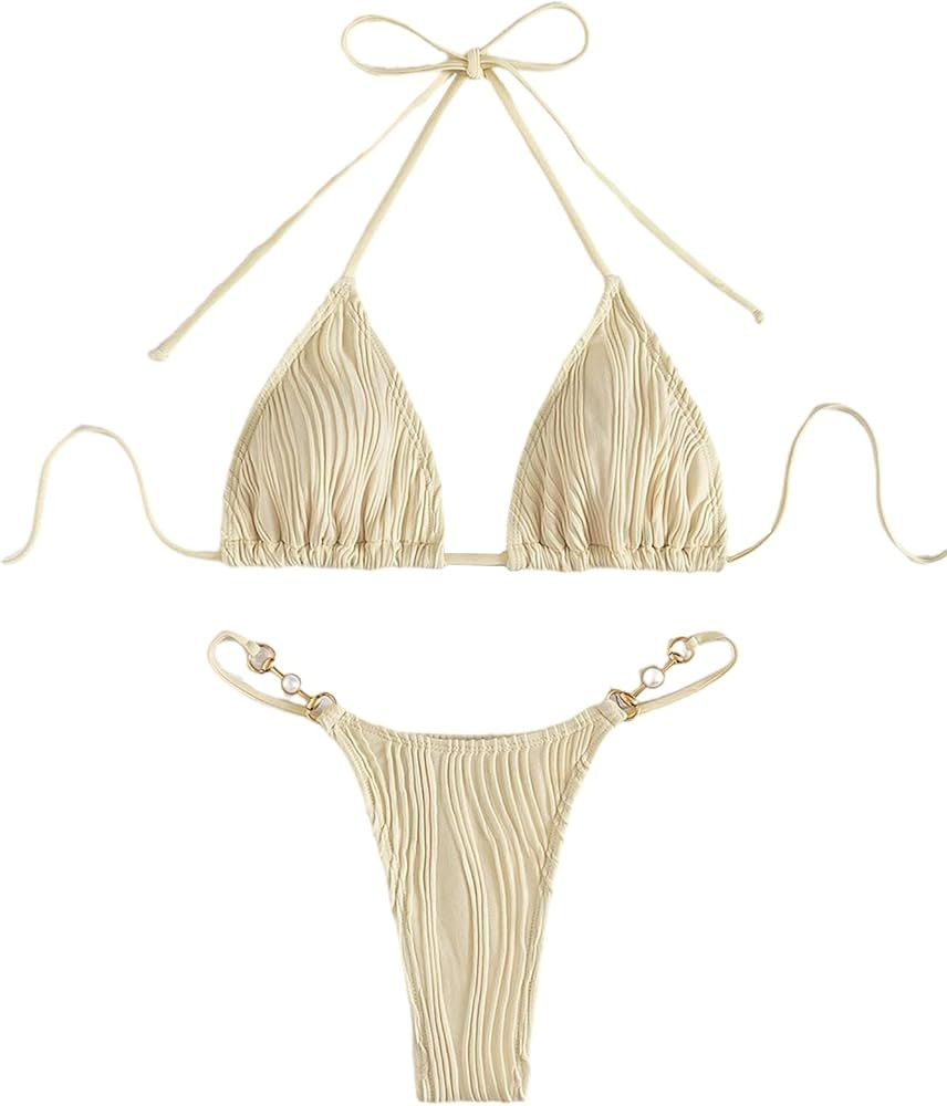 Verdusa Women's 2 Piece Bikini Set Swimsuits Swimwear Halter Triangle Top and Thong Bathing Suit | Amazon (US)