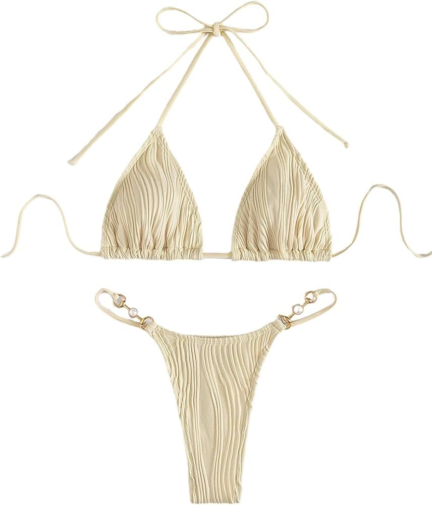 Women's 2 Piece Bikini Set Swimsuits Swimwear Halter Triangle Top and Thong Bathing Suit | Amazon (US)