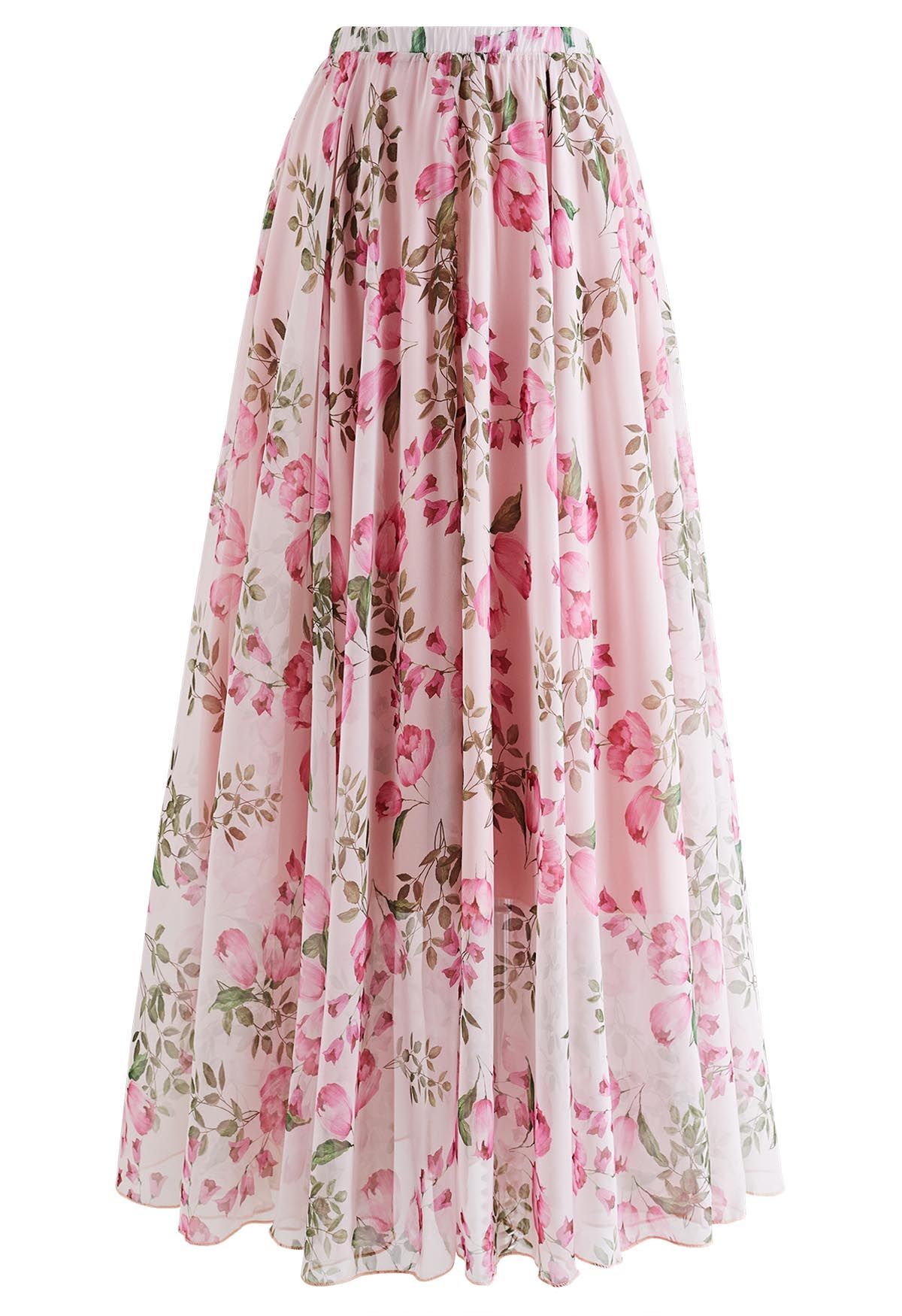 Pink Flower Bud Printed Chiffon Maxi Skirt | Chicwish