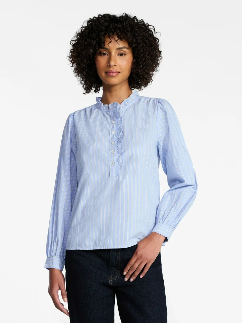 Time and Tru Women's Ruffle Neck Button Front Cotton Shirt with Long Sleeves, Sizes XS-XXXL | Walmart (US)