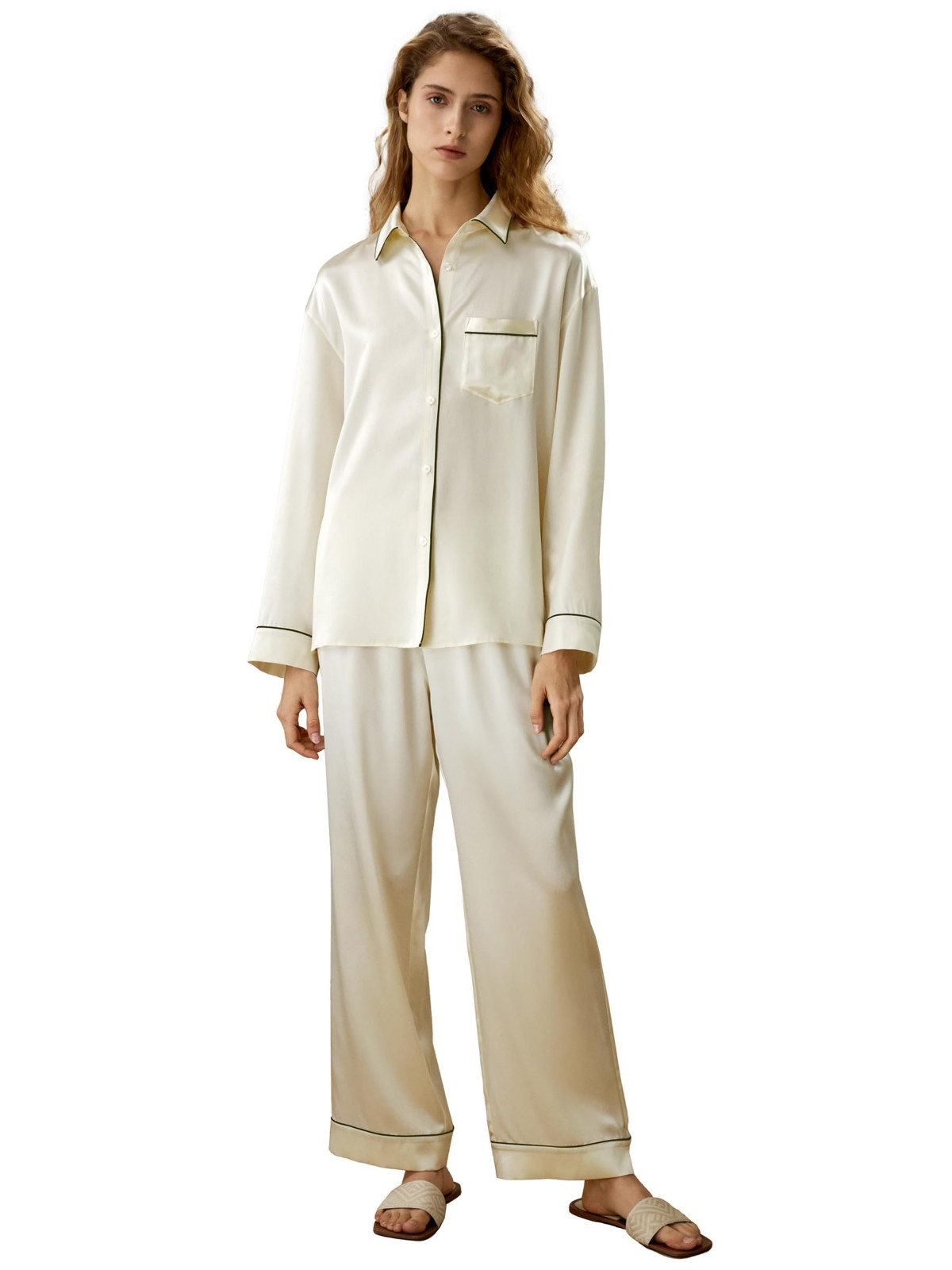 Lilysilk Women's Contrast Piping Button-Up Full Length Pajama Set - Lily white | Macy's
