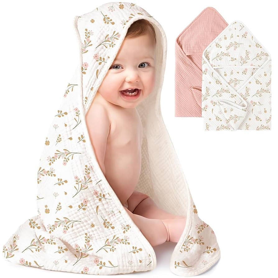 Konssy 2-Pack Muslin Hooded Baby Towels, 100% Cotton, Ultra-Soft & Absorbent Baby Bath Towels wit... | Amazon (US)