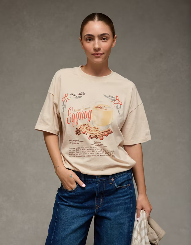AE Santa's Eggnog Relaxed Graphic T-Shirt | American Eagle Outfitters (US & CA)