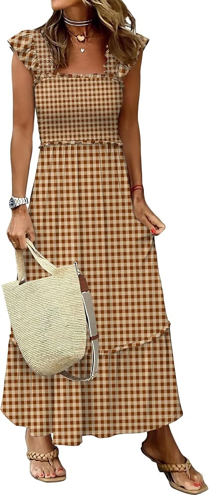 ANRABESS Womens Summer Sleeveless Maxi Dress Square Neck Smocked Boho Casual Ruffle Strap Flowy A... | Amazon (US)