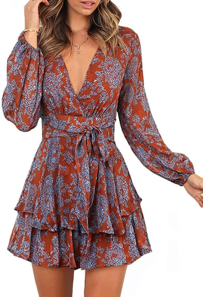 Dokotoo Womens 2024 Summer Spring V Neck Ruffle Chiffon Elegant Tie Knot Mini Short Swing Skater ... | Amazon (US)