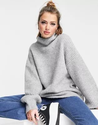 ASOS DESIGN high neck sweater in fluffy yarn in gray | ASOS (Global)