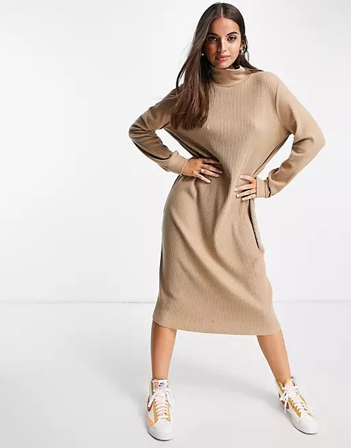 ASOS DESIGN super soft rib midi sweater dress with polo neck in camel | ASOS | ASOS (Global)