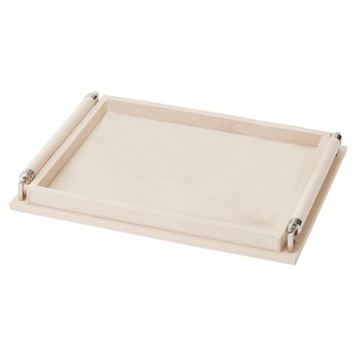 Davinder Modern Classic Rectangular Ivory Leather Wrapped Wood Tray - Small | Kathy Kuo Home