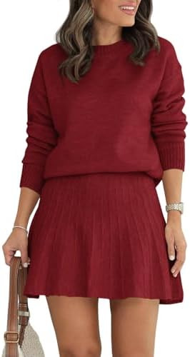Tankaneo Womens Skirt 2 Piece Sweater Set Long Sleeve Crewneck Sweaters Pleated Mini Skirt Knit L... | Amazon (US)
