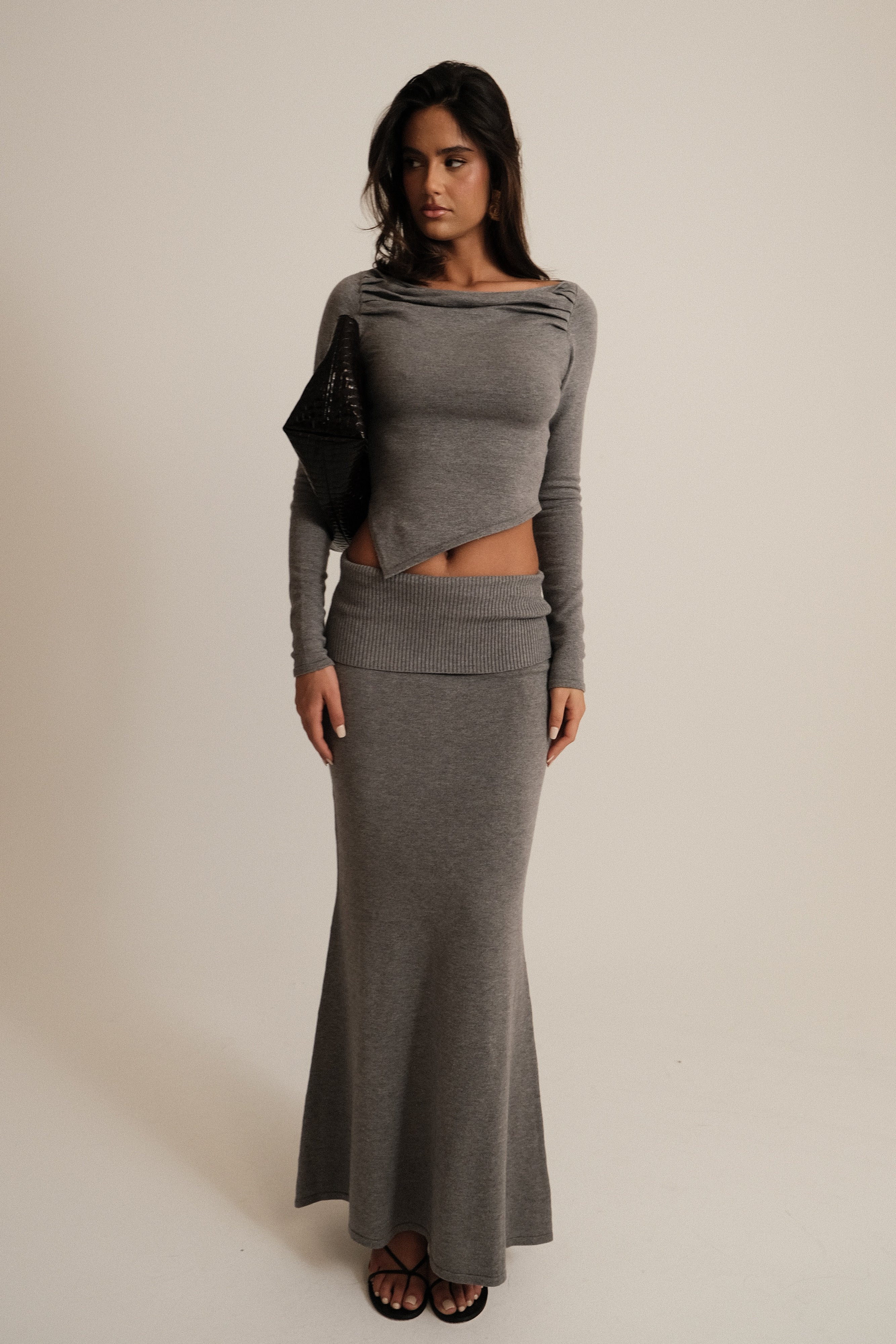 Karlie Knit Maxi Skirt With Ribbed Waist - Charcoal Marle | MESHKI US