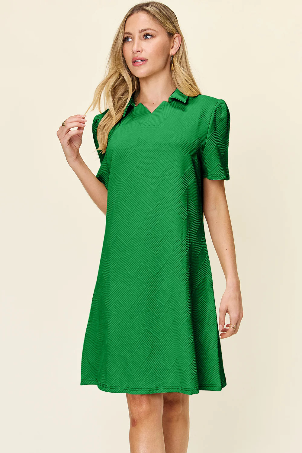 Texture Collared Neck Short Sleeve Dress Mid Green / 3XL | Casual Chic Boutique