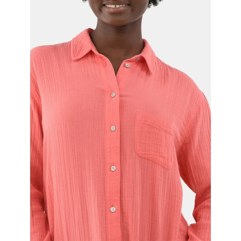 Time and Tru Women's Double Cloth Cotton Shirt, Sizes S-XXXL | Walmart (US)