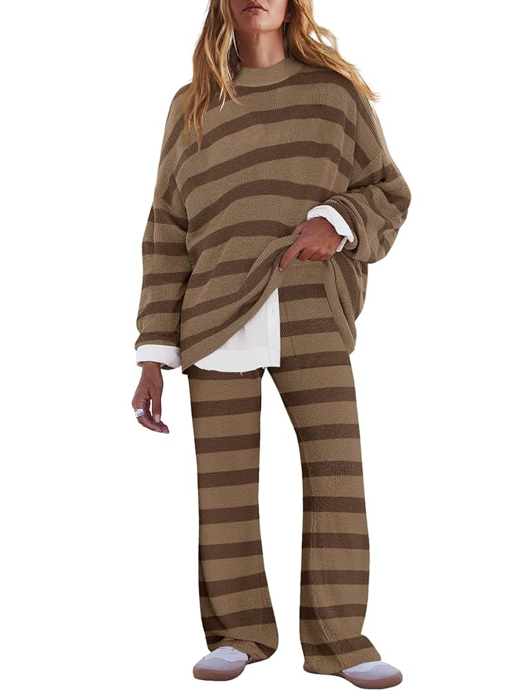 LAMISSCHE Oversized Womens Lounge Set Striped Sweater Set Long Sleeve 2 Piece Pajama Set Top and ... | Amazon (US)