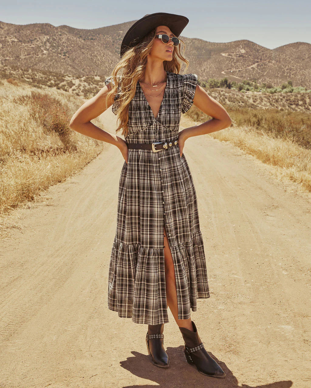 Lindah Smocked Plaid Maxi Dress | VICI