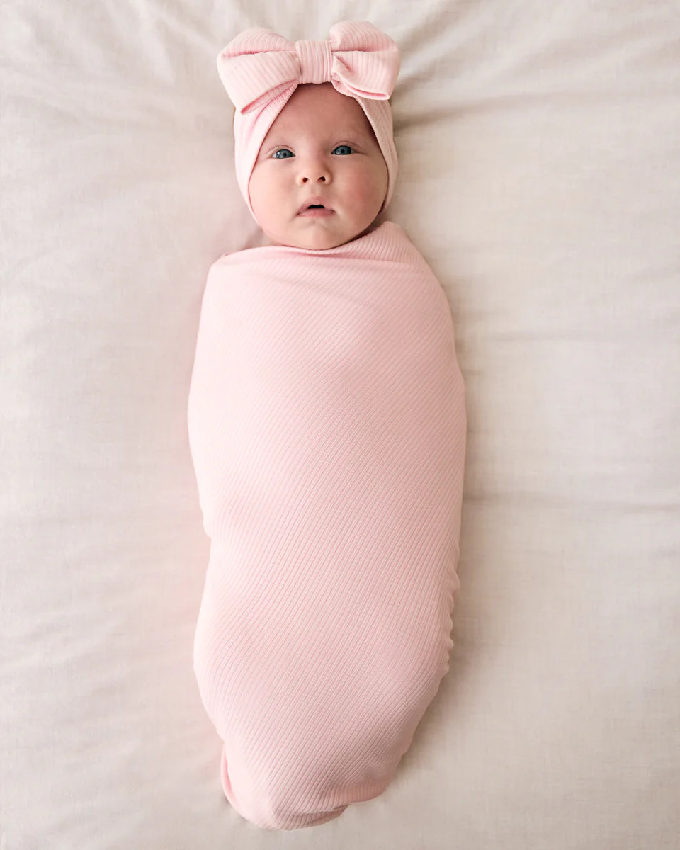 Prima Pink Ribbed Swaddle & Luxe Bow Headband Set | Little Sleepies
